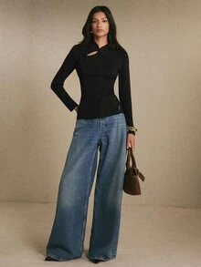Poéselle Women's Black Mandarin-Collar Knit Sweater Slim-Fit Long-Sleeve Pullover Top With Frog Closures Asymmetric Keyhole Cutout&Side Slit Chic Fall/Winter - Black - View 6