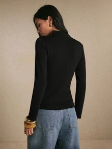 Poéselle Women's Black Mandarin-Collar Knit Sweater Slim-Fit Long-Sleeve Pullover Top With Frog Closures Asymmetric Keyhole Cutout&Side Slit Chic Fall/Winter - Black - View 5