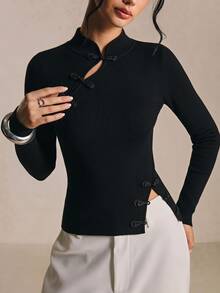Poéselle Women's Black Mandarin-Collar Knit Sweater Slim-Fit Long-Sleeve Pullover Top With Frog Closures Asymmetric Keyhole Cutout&Side Slit Chic Fall/Winter - Black - View 2