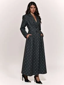 SHEIN BAE Women's Polka Dot Pattern Lapel Neck Long Sleeve Single-Breasted Pleated Design Overcoat - Grey - View 4