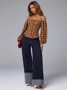NYA SZN Autumn Fashion Plaid Shoulder Top - Red - View 4