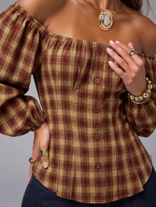 NYA SZN Autumn Fashion Plaid Shoulder Top - Red - View 6