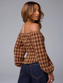 NYA SZN Autumn Fashion Plaid Shoulder Top - Red - View 2