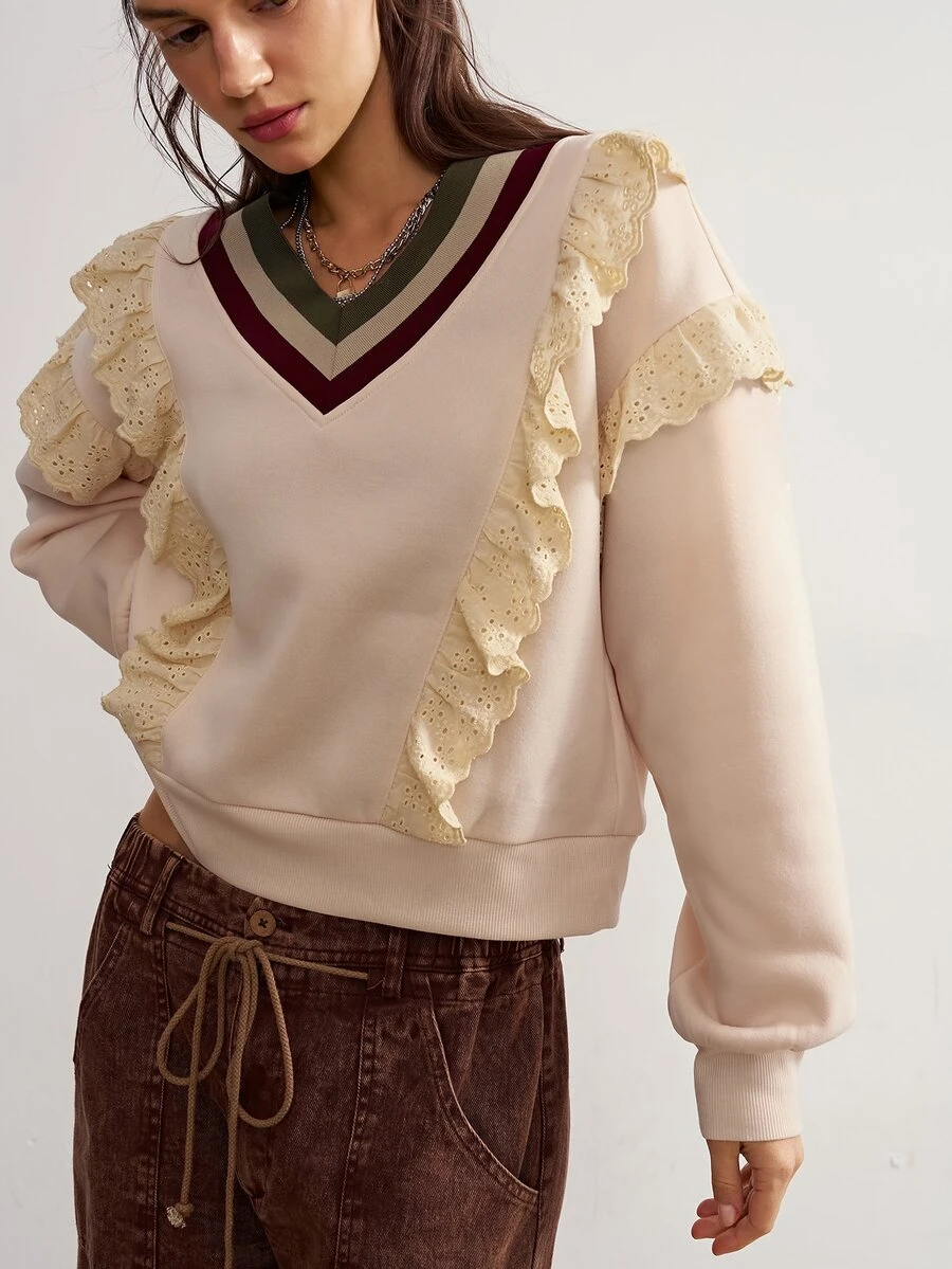 Bohemela Women's Ruffle Trim Contrast Stripe Sweatshirt Brunch School Olive Green Autumn Romantic Preppy - Apricot - View 1