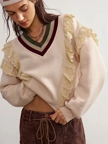 Bohemela Women's Ruffle Trim Contrast Stripe Sweatshirt Brunch School Olive Green Autumn Romantic Preppy - Apricot - View 4