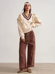 Bohemela Women's Ruffle Trim Contrast Stripe Sweatshirt Brunch School Olive Green Autumn Romantic Preppy - Apricot - View 6