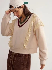 Bohemela Women's Ruffle Trim Contrast Stripe Sweatshirt Brunch School Olive Green Autumn Romantic Preppy - Apricot - View 5