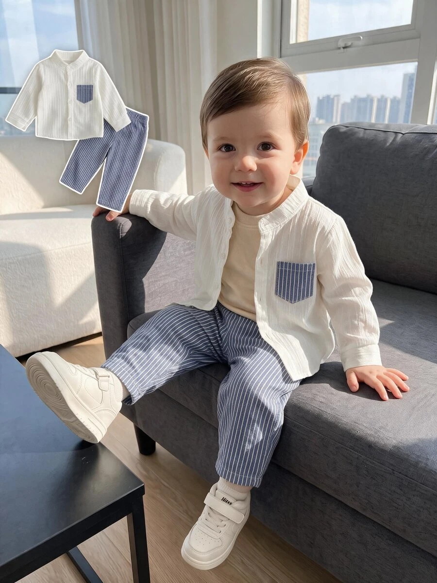 SHEIN 2pcs Baby Boy Gentle Textured Stand Collar White Long Sleeve Shirt Paired With Blue And White Striped Striped Elastic Waist Long Pants Fall, Autumn - Multicolor - View 1