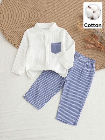 2pcs Baby Boy Gentle Textured Stand Collar White Long Sleeve Shirt Paired With Blue And White Striped Striped Elastic Waist Long Pants Fall, Autumn