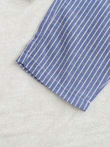 SHEIN 2pcs Baby Boy Gentle Textured Stand Collar White Long Sleeve Shirt Paired With Blue And White Striped Striped Elastic Waist Long Pants Fall, Autumn - Multicolor - View 8