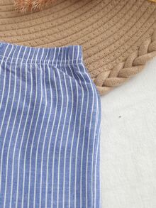 SHEIN 2pcs Baby Boy Gentle Textured Stand Collar White Long Sleeve Shirt Paired With Blue And White Striped Striped Elastic Waist Long Pants Fall, Autumn - Multicolor - View 7