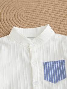 SHEIN 2pcs Baby Boy Gentle Textured Stand Collar White Long Sleeve Shirt Paired With Blue And White Striped Striped Elastic Waist Long Pants Fall, Autumn - Multicolor - View 4