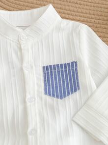 SHEIN 2pcs Baby Boy Gentle Textured Stand Collar White Long Sleeve Shirt Paired With Blue And White Striped Striped Elastic Waist Long Pants Fall, Autumn - Multicolor - View 5