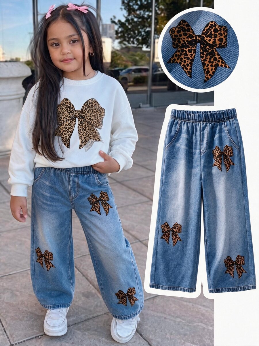 Elladie kids Girls' Sweet & Cool Blue Loose Straight Wide Leg Pants, Suitable For Daily Wear, School,Vintage Leopard Print Bowknot Design, Autumn - Blue - View 1