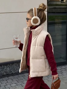 SHEIN Elladie kids 女童秋季燈芯絨復古立領拉鍊短背心，保暖內裡加厚經典百搭，日常通勤戶外保暖層搭 - 杏色 - 查看 6