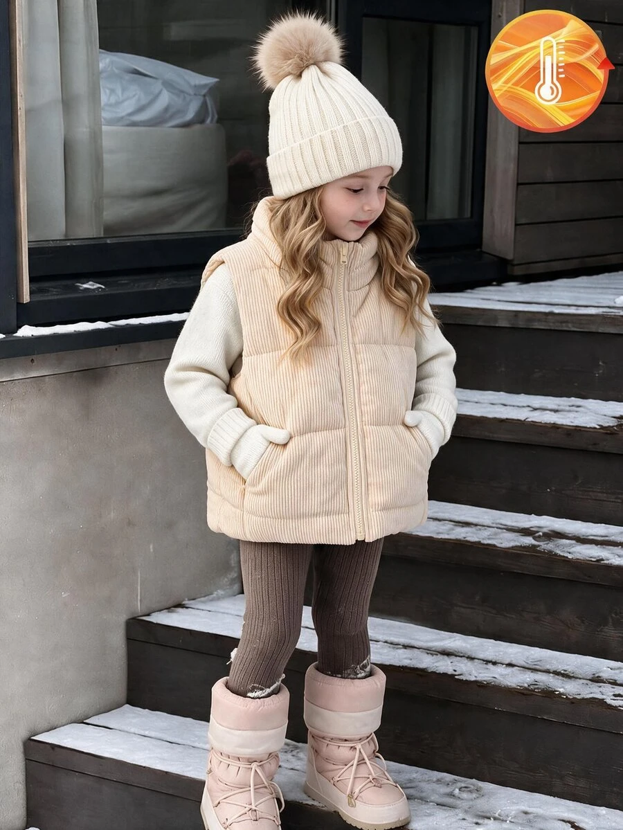 SHEIN Elladie kids 女童秋季燈芯絨復古立領拉鍊短背心，保暖內裡加厚經典百搭，日常通勤戶外保暖層搭