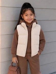SHEIN Elladie kids 女童秋季燈芯絨復古立領拉鍊短背心，保暖內裡加厚經典百搭，日常通勤戶外保暖層搭 - 杏色 - 查看 5