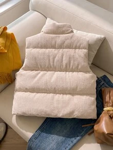 SHEIN Elladie kids 女童秋季燈芯絨復古立領拉鍊短背心，保暖內裡加厚經典百搭，日常通勤戶外保暖層搭 - 杏色 - 查看 3