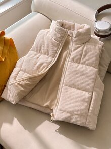 SHEIN Elladie kids 女童秋季燈芯絨復古立領拉鍊短背心，保暖內裡加厚經典百搭，日常通勤戶外保暖層搭 - 杏色 - 查看 7