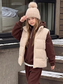 SHEIN Elladie kids 女童秋季燈芯絨復古立領拉鍊短背心，保暖內裡加厚經典百搭，日常通勤戶外保暖層搭 - 杏色 - 查看 4