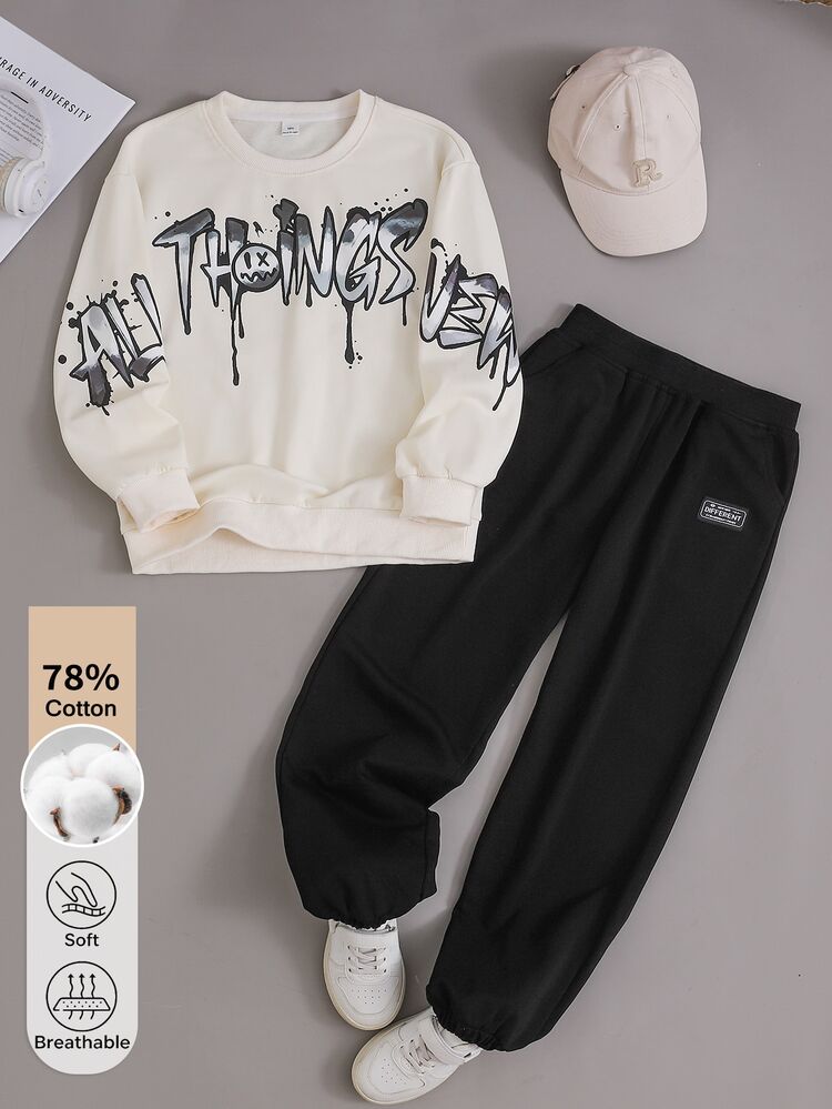 SHEIN Genkimix Kids 2pcs Tween Boy Fashion White Sweatshirt And Dark Green Pants Set, Green Graphic Print On Chest, Stylish Streetwear, Soft And Comfortable Fabric, Easy To Wear, Suitable For Spring And Autumn, Perfect For School, Outings And Various Occasions, Must-Have Tween Boy Two Pieces Set - Black - View 4