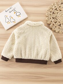 SHEIN Girls' Autumn/Winter Beige Lamb Fleece Jacket, Vintage Contrast Color Ribbed Cuffs Fuzzy Short Versatile Jacket Top - Apricot - View 2