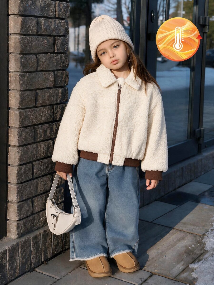 SHEIN Girls' Autumn/Winter Beige Lamb Fleece Jacket, Vintage Contrast Color Ribbed Cuffs Fuzzy Short Versatile Jacket Top - Apricot - View 1
