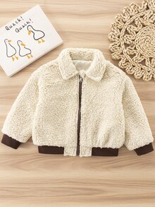 SHEIN Girls' Autumn/Winter Beige Lamb Fleece Jacket, Vintage Contrast Color Ribbed Cuffs Fuzzy Short Versatile Jacket Top - Apricot - View 9