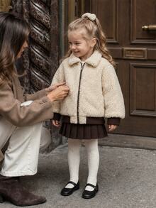 SHEIN Girls' Autumn/Winter Beige Lamb Fleece Jacket, Vintage Contrast Color Ribbed Cuffs Fuzzy Short Versatile Jacket Top - Apricot - View 3