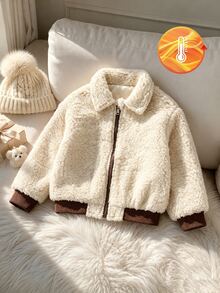 SHEIN Girls' Autumn/Winter Beige Lamb Fleece Jacket, Vintage Contrast Color Ribbed Cuffs Fuzzy Short Versatile Jacket Top - Apricot - View 4
