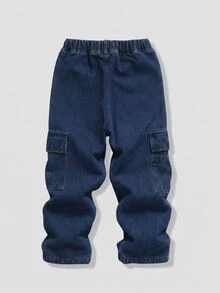 SHEIN Genkimix Kids 男童牛仔長褲，秋冬新款，深藍色，錐形寬鬆版型，多口袋設計，輕量柔軟牛仔布料，穿著舒適，時尚男孩必備，簡約休閒風格，適合四季，完美適用於日常穿著、拍照、購物、外出、聚會等，2026新款男童牛仔長褲 - 中等水洗藍 - 查看 5