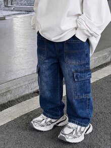 SHEIN Genkimix Kids 男童牛仔長褲，秋冬新款，深藍色，錐形寬鬆版型，多口袋設計，輕量柔軟牛仔布料，穿著舒適，時尚男孩必備，簡約休閒風格，適合四季，完美適用於日常穿著、拍照、購物、外出、聚會等，2026新款男童牛仔長褲 - 中等水洗藍 - 查看 2