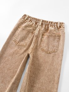 SHEIN 女童牛仔長褲 全季軟棉休閒街頭風 鬆緊腰 斜門襟設計 經典五口袋 寬鬆大腿版型 棕色 夏季 - 卡其色 - 查看 6