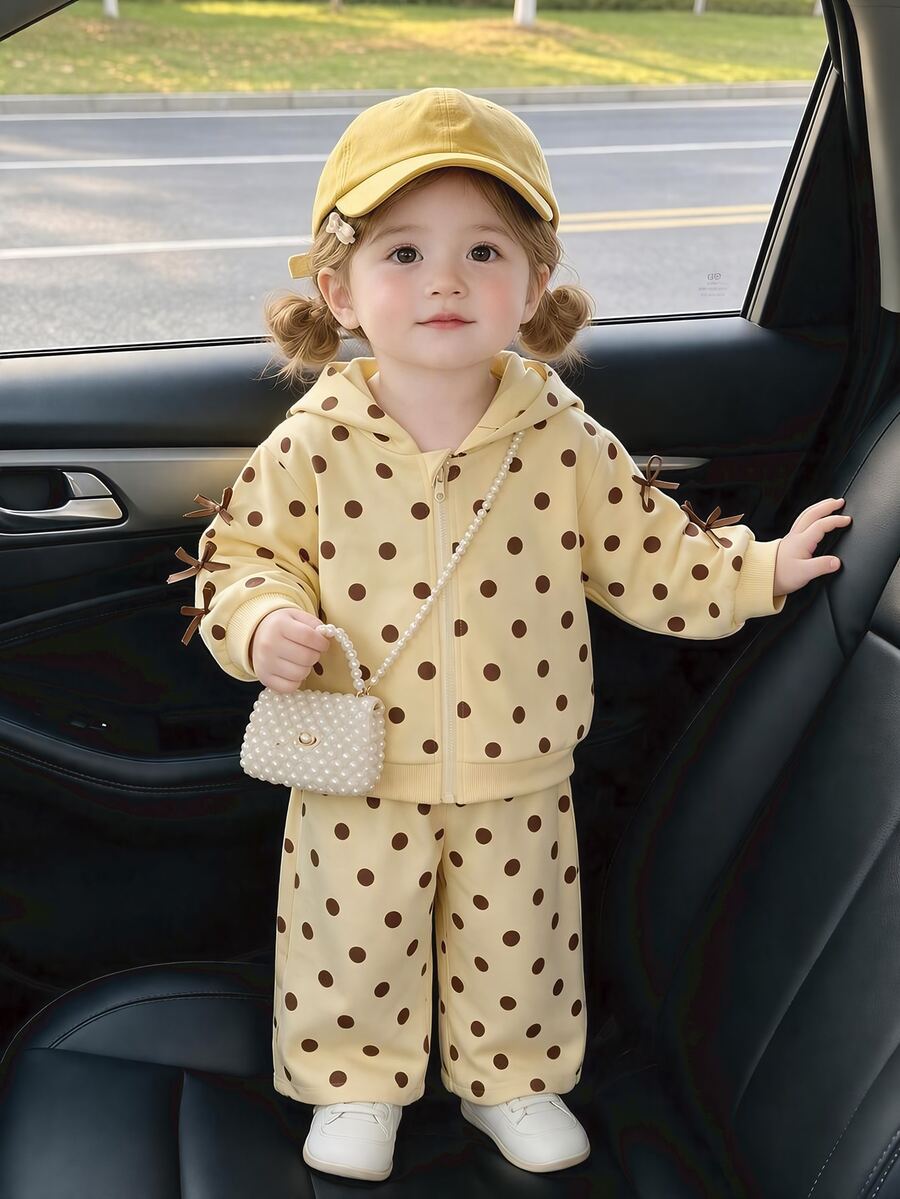 SHEIN 嬰兒/幼兒（女童）棕色波點兩件套，蝴蝶結袖連帽拉鍊外套長褲，可愛牛仔女孩秋季拍照度假套裝 - 黃色 - 查看 1