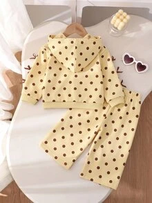 SHEIN 嬰兒/幼兒（女童）棕色波點兩件套，蝴蝶結袖連帽拉鍊外套長褲，可愛牛仔女孩秋季拍照度假套裝 - 黃色 - 查看 4