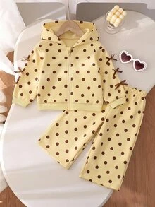 SHEIN 嬰兒/幼兒（女童）棕色波點兩件套，蝴蝶結袖連帽拉鍊外套長褲，可愛牛仔女孩秋季拍照度假套裝 - 黃色 - 查看 3