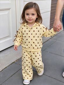 SHEIN 嬰兒/幼兒（女童）棕色波點兩件套，蝴蝶結袖連帽拉鍊外套長褲，可愛牛仔女孩秋季拍照度假套裝 - 黃色 - 查看 2