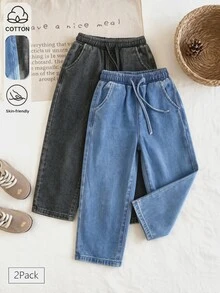 Toddler Girls Loose Fit Wide Leg Jeans 2Pack, School Everyday Casual Washed Denim Pants With Elastic Drawstring Waist Autumn Winter - Multicolor - View 1