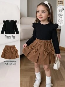 SHEIN Cute Casual Ribbed Cap Sleeve Top And Embroidered Fabric Skirt Set For Girls, Comfortable And Sweet - Black - View 2