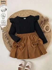 SHEIN Cute Casual Ribbed Cap Sleeve Top And Embroidered Fabric Skirt Set For Girls, Comfortable And Sweet - Black - View 4