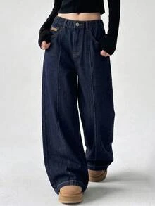 Celana Jeans Denim Biru Tua Model Lebar dengan Pinggang Elastis untuk Remaja Perempuan, Warna Gelap, Musim Panas, Desain Lipit, Jahitan Tengah, Patch Kulit Kecil, Gaya Jalanan Matrix Prom - Dark Wash - View 12