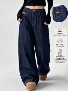 Celana Jeans Denim Biru Tua Model Lebar dengan Pinggang Elastis untuk Remaja Perempuan, Warna Gelap, Musim Panas, Desain Lipit, Jahitan Tengah, Patch Kulit Kecil, Gaya Jalanan Matrix Prom - Dark Wash - View 3