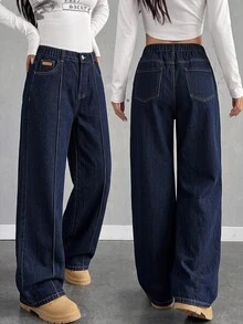 Celana Jeans Denim Biru Tua Model Lebar dengan Pinggang Elastis untuk Remaja Perempuan, Warna Gelap, Musim Panas, Desain Lipit, Jahitan Tengah, Patch Kulit Kecil, Gaya Jalanan Matrix Prom - Dark Wash - View 2