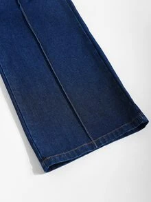 Celana Jeans Denim Biru Tua Model Lebar dengan Pinggang Elastis untuk Remaja Perempuan, Warna Gelap, Musim Panas, Desain Lipit, Jahitan Tengah, Patch Kulit Kecil, Gaya Jalanan Matrix Prom - Dark Wash - View 6