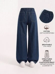 Celana Jeans Denim Biru Tua Model Lebar dengan Pinggang Elastis untuk Remaja Perempuan, Warna Gelap, Musim Panas, Desain Lipit, Jahitan Tengah, Patch Kulit Kecil, Gaya Jalanan Matrix Prom - Dark Wash - View 4