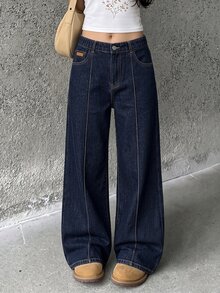 Celana Jeans Denim Biru Tua Model Lebar dengan Pinggang Elastis untuk Remaja Perempuan, Warna Gelap, Musim Panas, Desain Lipit, Jahitan Tengah, Patch Kulit Kecil, Gaya Jalanan Matrix Prom - Dark Wash - View 1