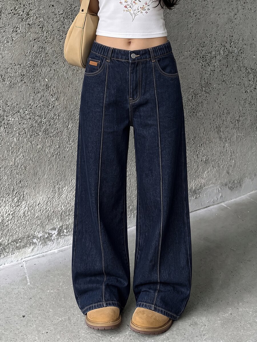 Celana Jeans Denim Biru Tua Model Lebar dengan Pinggang Elastis untuk Remaja Perempuan, Warna Gelap, Musim Panas, Desain Lipit, Jahitan Tengah, Patch Kulit Kecil, Gaya Jalanan Matrix Prom - Dark Wash - View 1