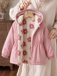 SHEIN Elladie kids 1件女童冬季新款毛絨內裡拉鍊開襟衫，附彈性腰部與連帽，百搭時尚防寒外套，適合戶外與通勤 - 粉色 - 查看 3