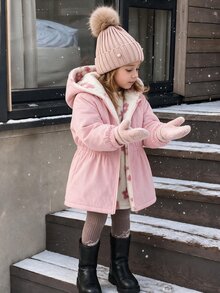 SHEIN Elladie kids 1件女童冬季新款毛絨內裡拉鍊開襟衫，附彈性腰部與連帽，百搭時尚防寒外套，適合戶外與通勤 - 粉色 - 查看 7