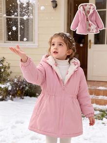 SHEIN Elladie kids 1件女童冬季新款毛絨內裡拉鍊開襟衫，附彈性腰部與連帽，百搭時尚防寒外套，適合戶外與通勤 - 粉色 - 查看 6
